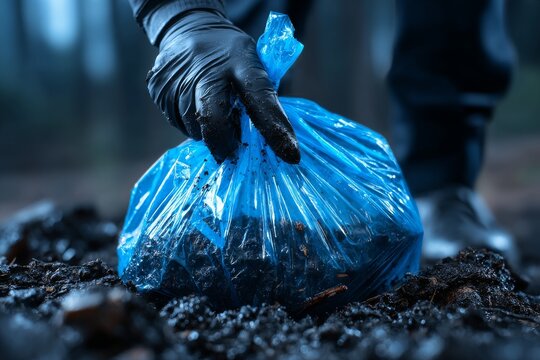 In a wooded area, a person is cleaning up litter while the weather is overcast