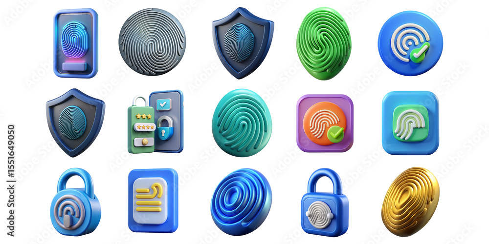Poster 3d realistic fingerprint icons set isolated on transparent background