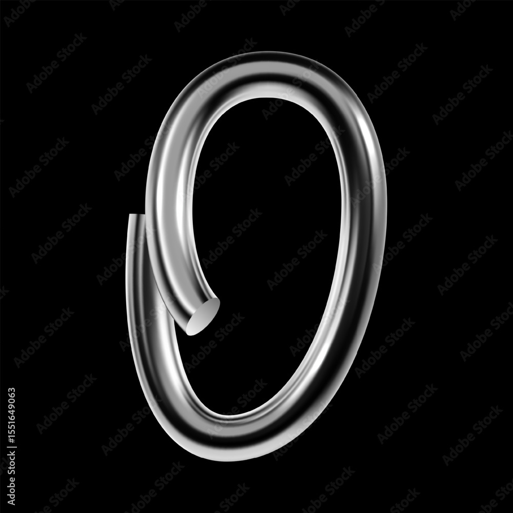 Poster glossy 3d number 0 with a metallic chrome tube design, digit zero with smooth curves and reflective 