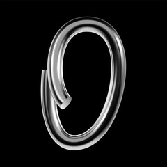 Glossy 3D number 0 with a metallic chrome tube design, digit zero with smooth curves and reflective surface