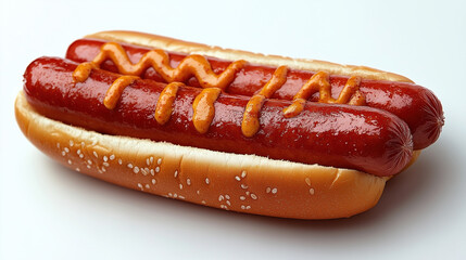 Fast food. Hot dog. Hot dog with bun, sausage, mustard and fresh salad isolated on white background. Hot dog for menu