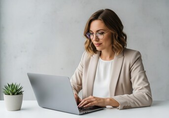 Businesswoman working on laptop on white background