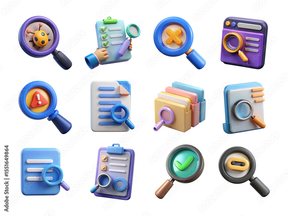 Poster 3d realistic search icons pack isolated on transparent background