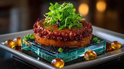 Octopus mosaic plated on blue crystal slab