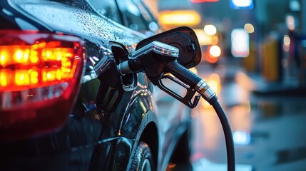 A car with a fuel nozzle attached to it, parked in a city street at night with neon lights in the background.