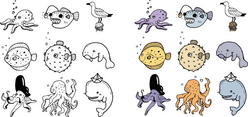 Fototapeta premium set of ocean theme series 3 doodle drawing illustration monochrome and colors element