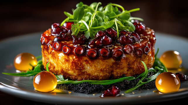 Encased octopus tartare with gold beads and puree