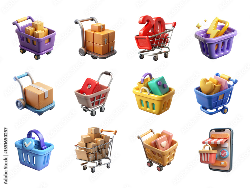 Poster 3d realistic shopping cart and basket icons isolated on transparent background