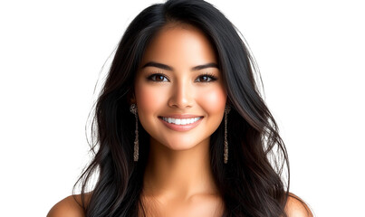 Obraz premium Beautiful young woman with long black hair and radiant smile, wearing elegant earrings against a dark background, exuding confidence and charm.