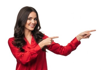 Woman pointing direction with smile on white background
