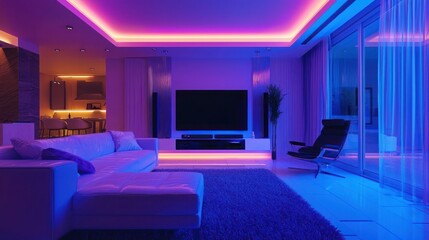 A modern, stylish living room with a vibrant, neon-lit ceiling and floor, featuring a white couch, a large flat-screen TV, and a black chair.