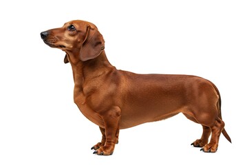 Brown dachshund dog standing in profile isolated on white background