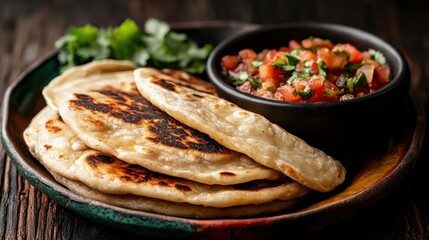A mouthwatering presentation of homemade tortillas paired with vibrant, fresh salsa, showcasing the deliciousness and appeal of traditional culinary delights.