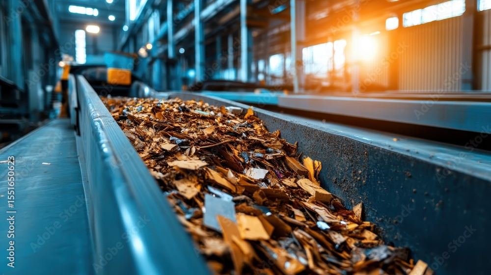 Poster an intriguing view of a factory conveyor belt loaded with shredded material, highlighting industrial