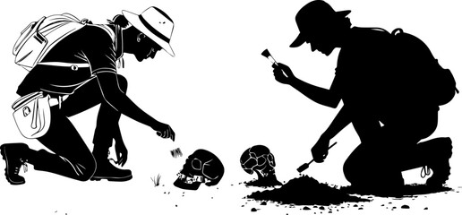 Obraz premium Archaeologists Excavating a Human Skull at an Archaeological Site