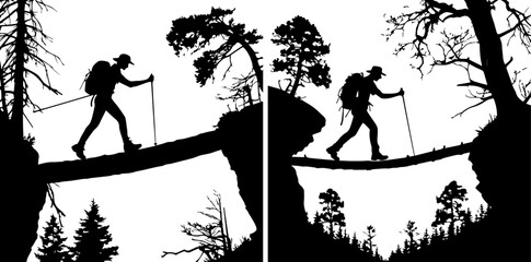 Hiker Crossing a Log Bridge - Outdoor Adventure and Challenging Journey