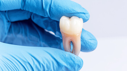 Gloved hand holding extracted tooth with visible root, surgical dental procedure concept, white background, photorealistic close-up, sharp clinical lighting