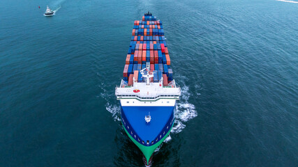 Aerial view from drone, Container ship or cargo shipping business logistic import and export...
