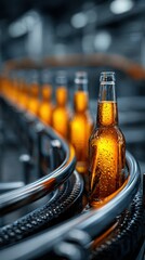 Bottles of amber beer move along a production line in a brewery during a busy afternoon shift