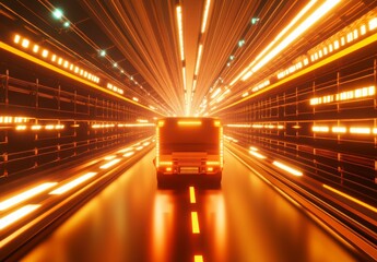 Futuristic Vehicle Through Orange Digital Passageway