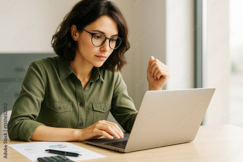 Poster focused woman in glasses working on laptop at desk with documents and calculator on light background