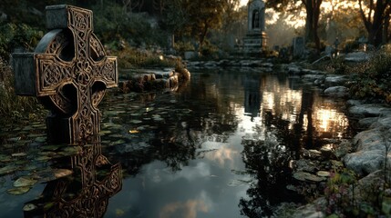 Celtic cross near still water at a tranquil graveyard during golden hour in autumn
