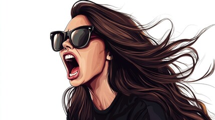 Hyper realistic 3d render Powerful Woman: Vector Art of a Shouting Female with Long Hair AI Generative
