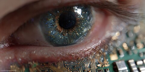 Close-Up of Digital Eye Scan Featuring Neural Network and Circuit Board