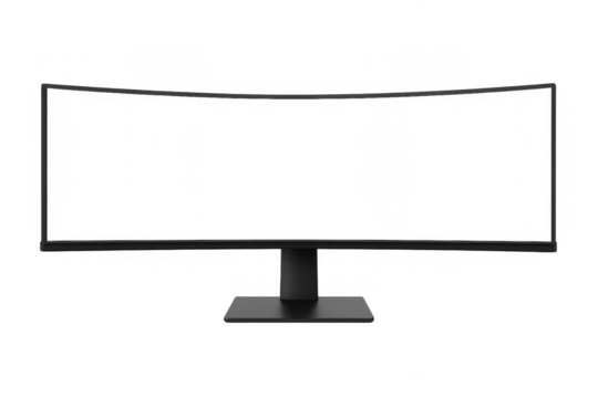 Ultrawide curved computer monitor showing white screen on transparent background