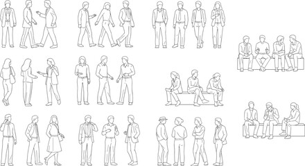 Vector outline people, group interaction poses, sitting and standing characters, business communication sketch, walking conversation scene, hand-drawn figures, modern 

 flat vector illustration