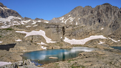 Panoramic view of Lake Marbore in the Pyrenees. In the Ordesa and Monte Perdido Natural Park,...