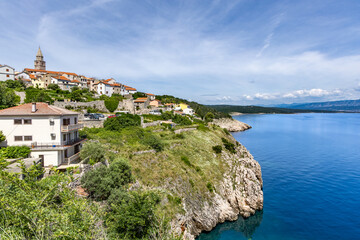 Cityscape of Vrbnik town. Dramatic summer seascape of Adriatic sea, Krk island, Croatia, Europe. Beautiful world of Mediterranean countries.