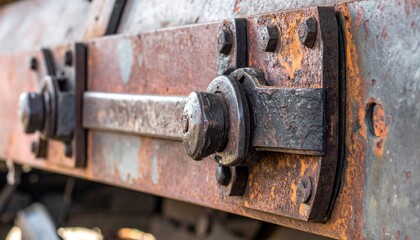 Close-up of rusty metal coupling mechanism on a freight car