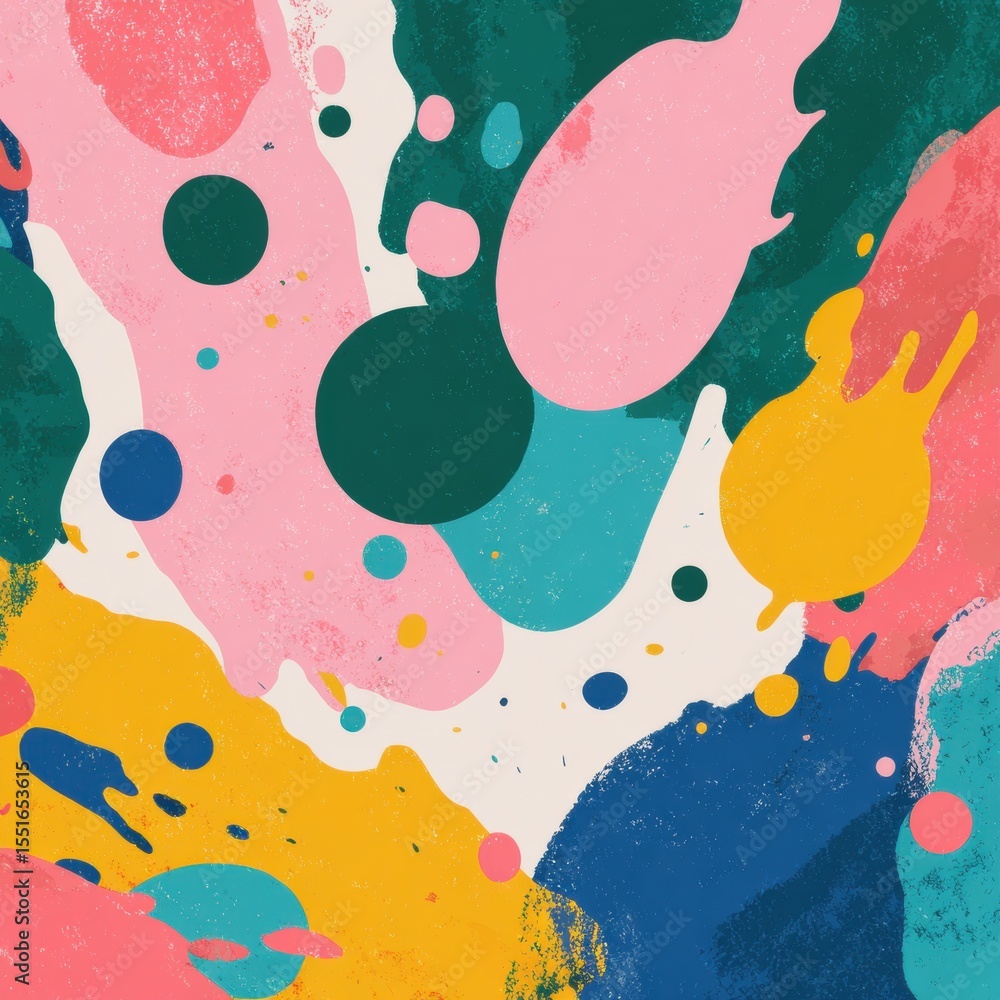 Poster abstract colorful painting with circles and irregular shapes in various sizes