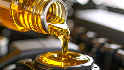 Pouring Engine Oil: Golden engine oil pours smoothly from a bottle into an engine, highlighting the essential maintenance and care for vehicle performance.
