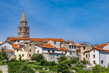 Fototapeta premium Cityscape of Vrbnik town. Dramatic summer seascape of Adriatic sea, Krk island, Croatia, Europe. Beautiful world of Mediterranean countries.