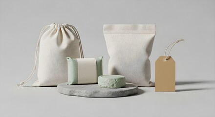 Sustainable Product Packaging Mockup, Eco-Friendly Fabric Bags, Natural Soap Display, Blank Kraft Tag, Zero Waste Branding