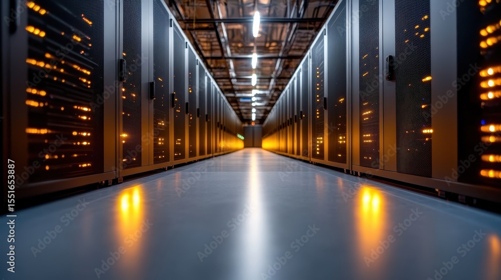 Poster an expansive view of a modern data center filled with illuminated server racks, showcasing advanced 
