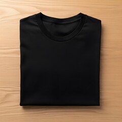 Oversized Black T-Shirt Mockup, Folded Apparel Wood, Clean Clothing Template, Blank Product Display, Simple Fabric Presentation
