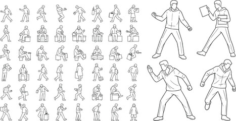 Vector outline male characters, walking running sitting poses, casual hoodie figure, business action sketch, holding coffee paper bag phone

 flat vector illustration