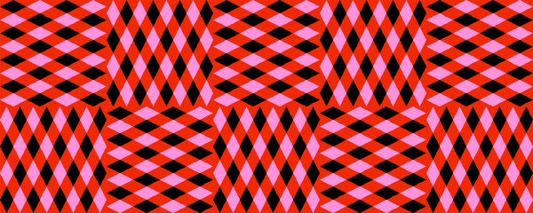 Seamless patchwork pattern with red, pink, black diamond rhombus blocks. Fun vector texture for costumes, parties, bold retro decor. Drag to swatches panel to use.