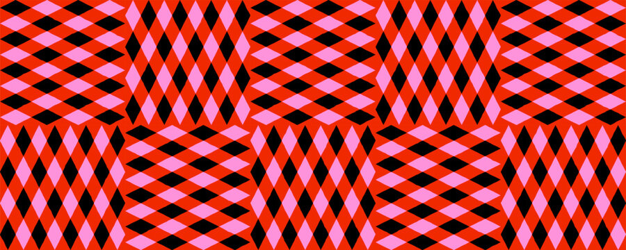 Seamless patchwork pattern with red, pink, black diamond rhombus blocks. Fun vector texture for costumes, parties, bold retro decor. Drag to swatches panel to use.