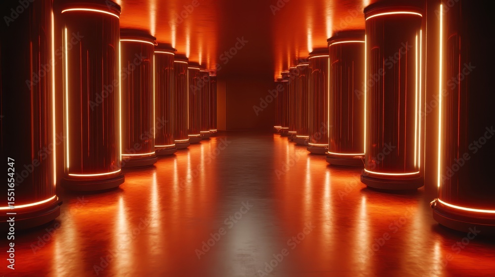 Poster a stunningly lit corridor with illuminated pillars creates a futuristic and smooth aesthetic, inviti