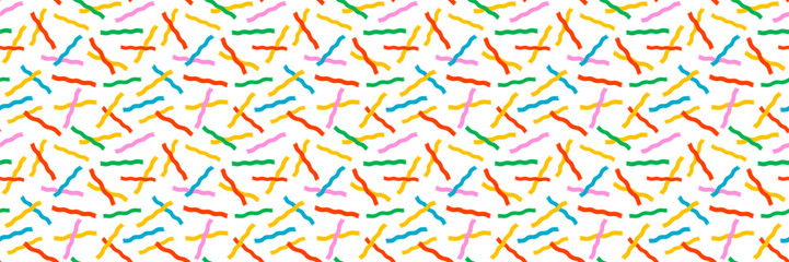 Seamless confetti pattern with colorful wavy streamers and ribbons on white background. Playful wavy ribbon pattern for festive mood. Perfect for wrapping paper, party decor. Drag to swatches panel