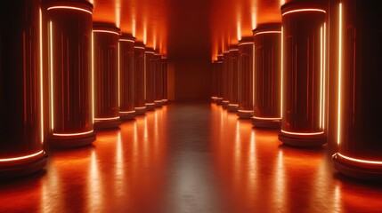 A stunningly lit corridor with illuminated pillars creates a futuristic and smooth aesthetic, inviting curiosity and wonder within an abstract and artistic environment.