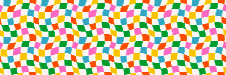Wavy checker pattern background with green, orange, yellow, pink, blue and white squares. Seamless retro psychedelic vector for wrapping, kids room or fun packaging. Drag to swatches panel to use