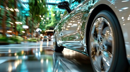 A sleek car is captured in dynamic motion, with blurred lines enhancing the sense of speed and exhilaration, evoking feelings of freedom and adventure within an urban environment.