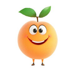 Cheerful cartoon peach with friendly smile and green leaves on transparency background