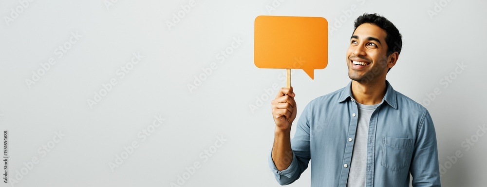 Poster smiling person holding blank orange speech bubble on stick with copyspace on light background for cr