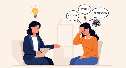 Flat Illustration of Female Therapist Offering Support to Distressed Woman with Symbolic Thought Bubbles Representing Anxiety, Stress, and Depression in a Calm Counseling Setting